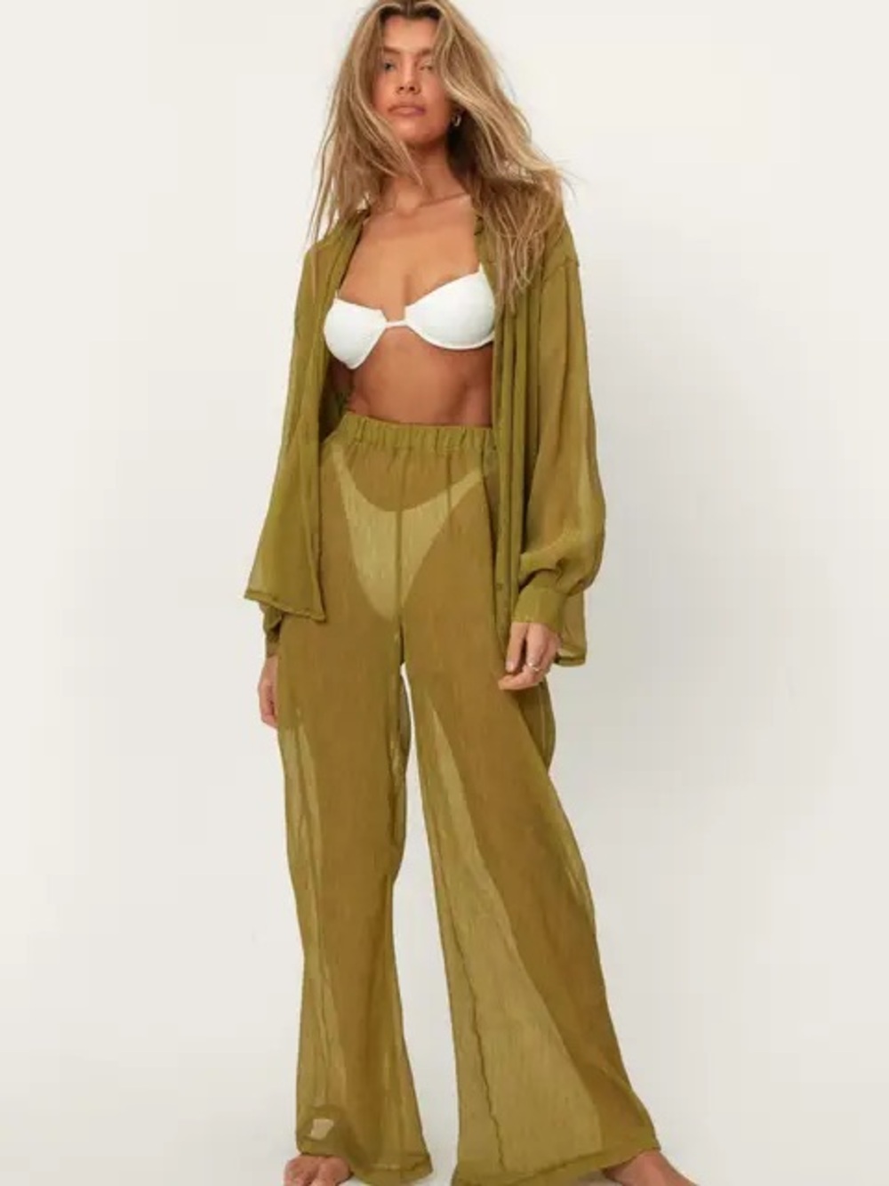 Nasty Gal Olive Green Plisse Wide Leg Beach Pants